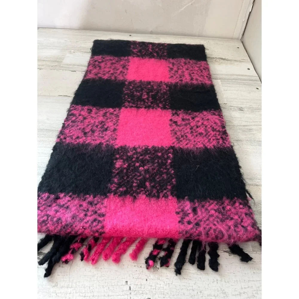 Victoria’s Secret woman’s pink black plaid rectangular scarf with fringe